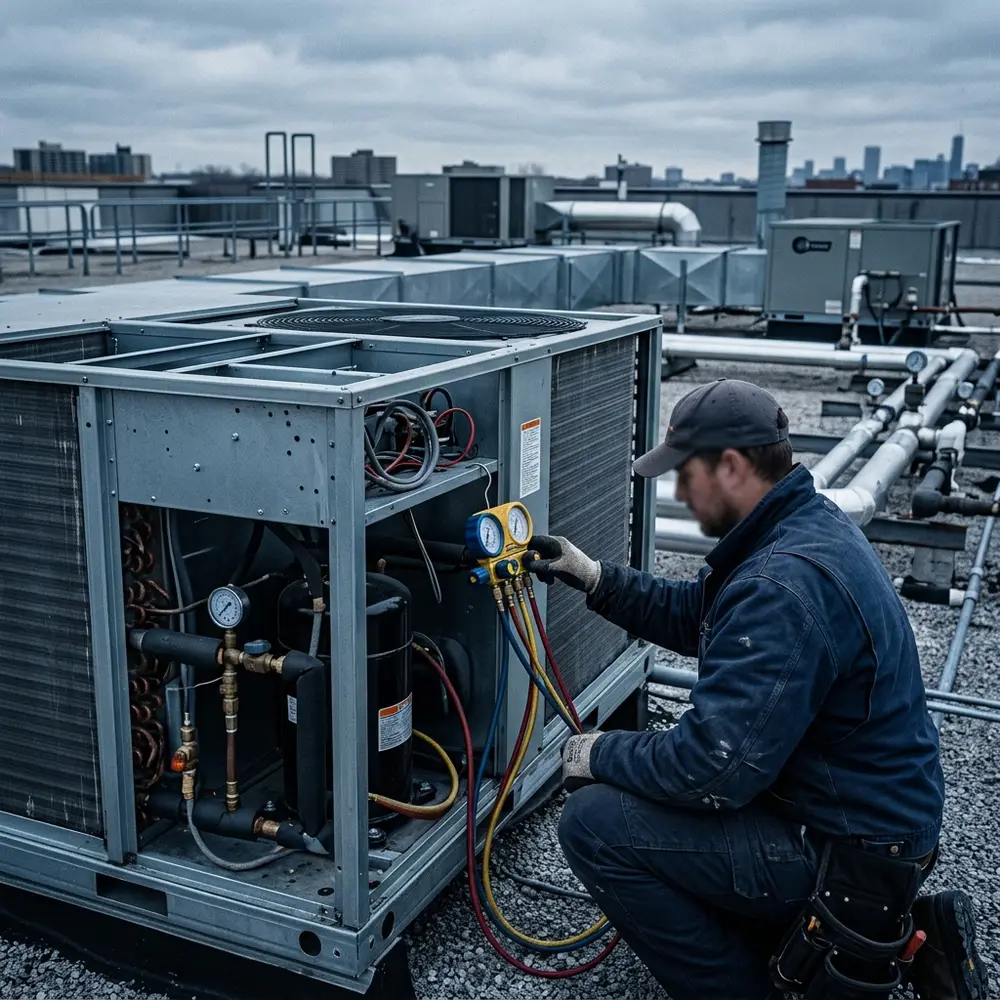 Serwisant Zimnotech sprawdza jednostkę zewnętrzną klimatyzacji na dachu budynku komercyjnego