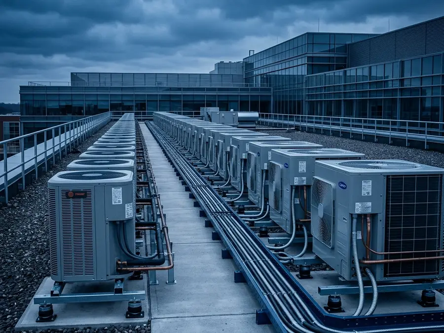 Uporządkowany rząd jednostek zewnętrznych klimatyzacji na dachu biurowca